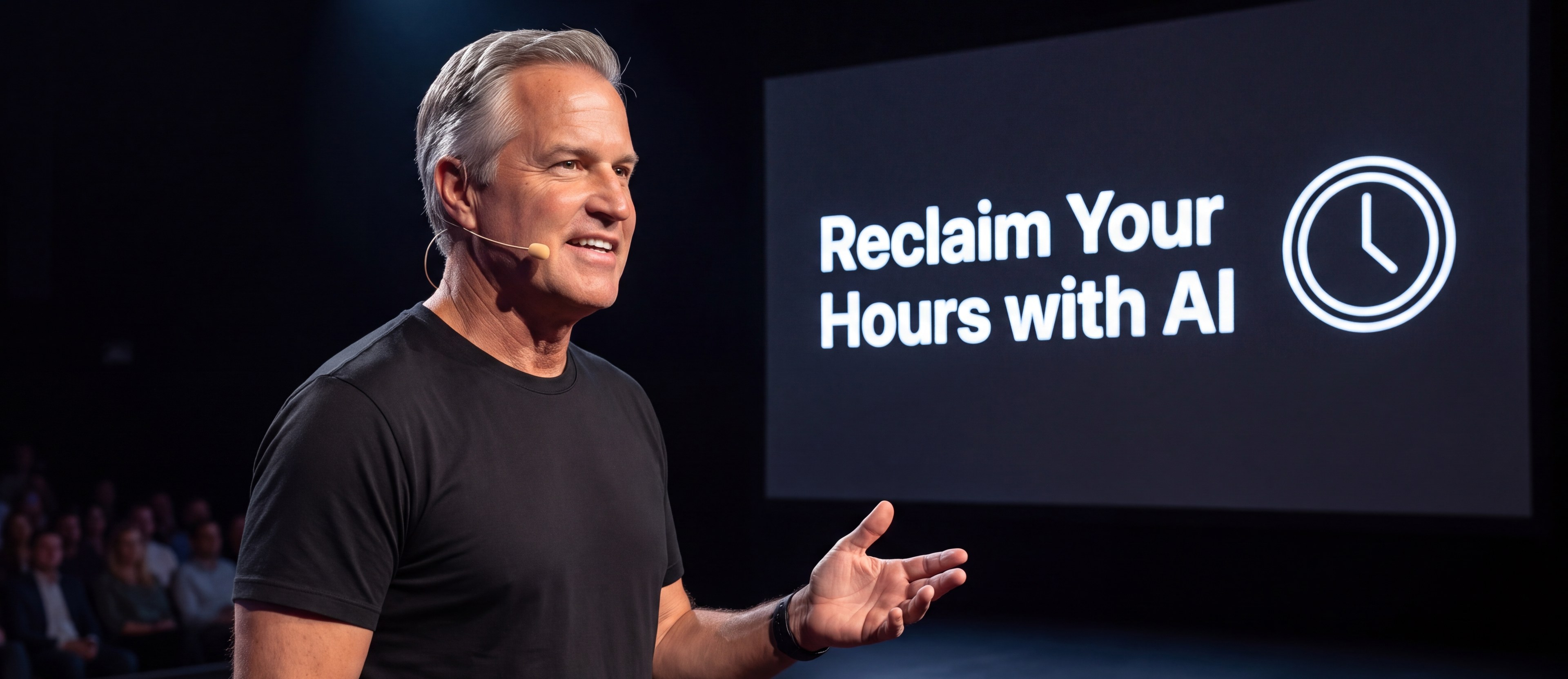 Denis Laflamme on stage in a headset mic, speaking to a seated audience beside a large screen reading Reclaim Your Hours with AI next to a clock icon